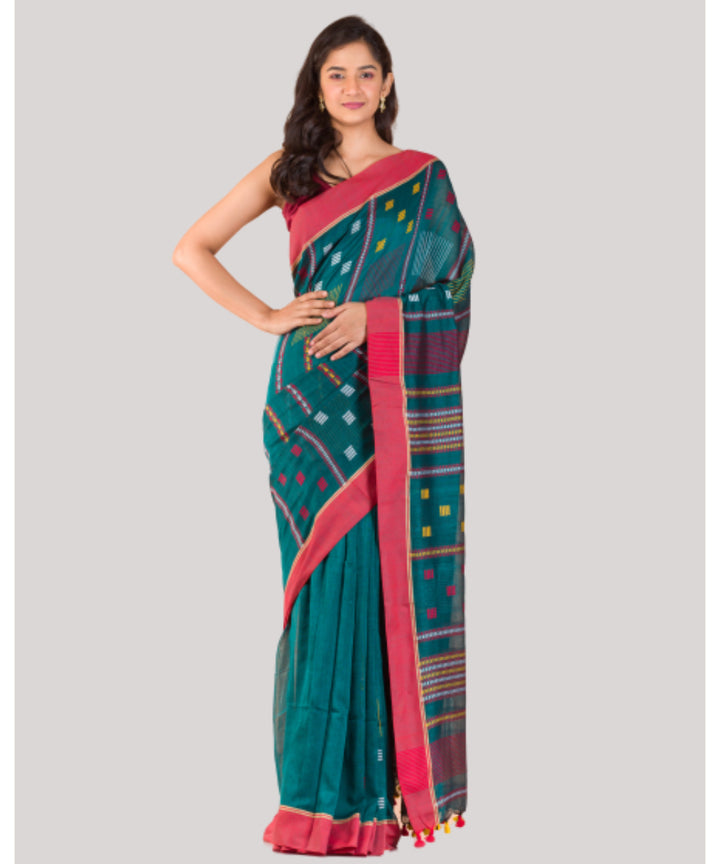 Teal green and red handwoven bengal cotton jamdani saree