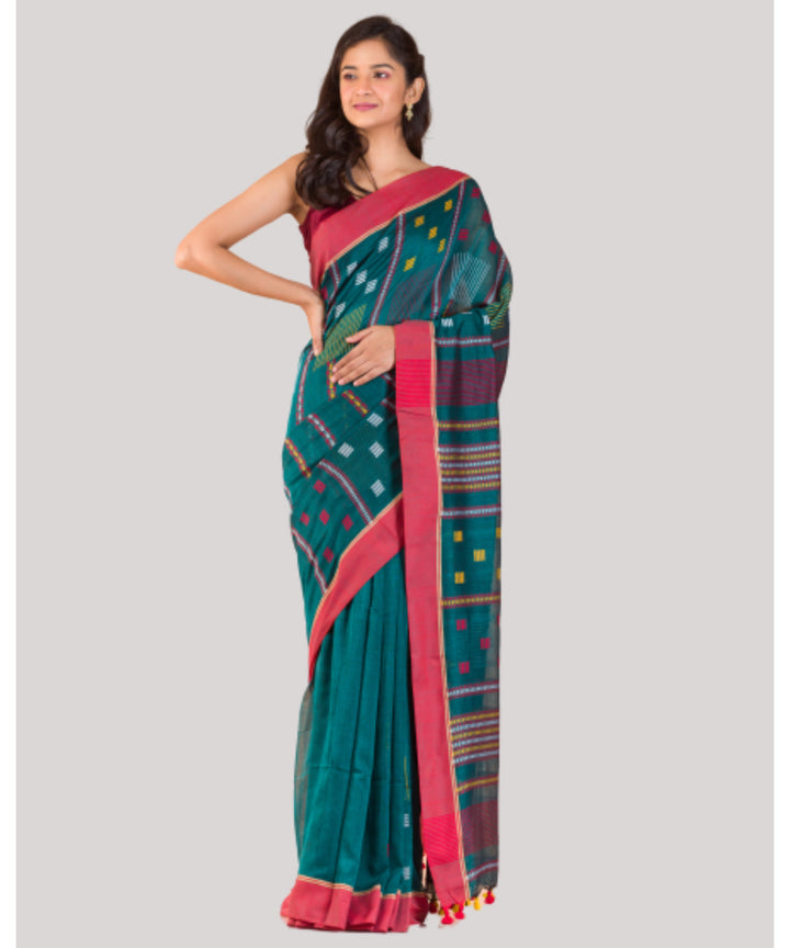 Teal green and red handwoven bengal cotton jamdani saree