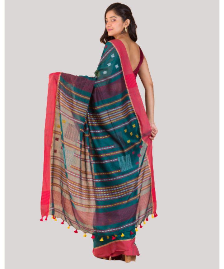 Teal green and red handwoven bengal cotton jamdani saree