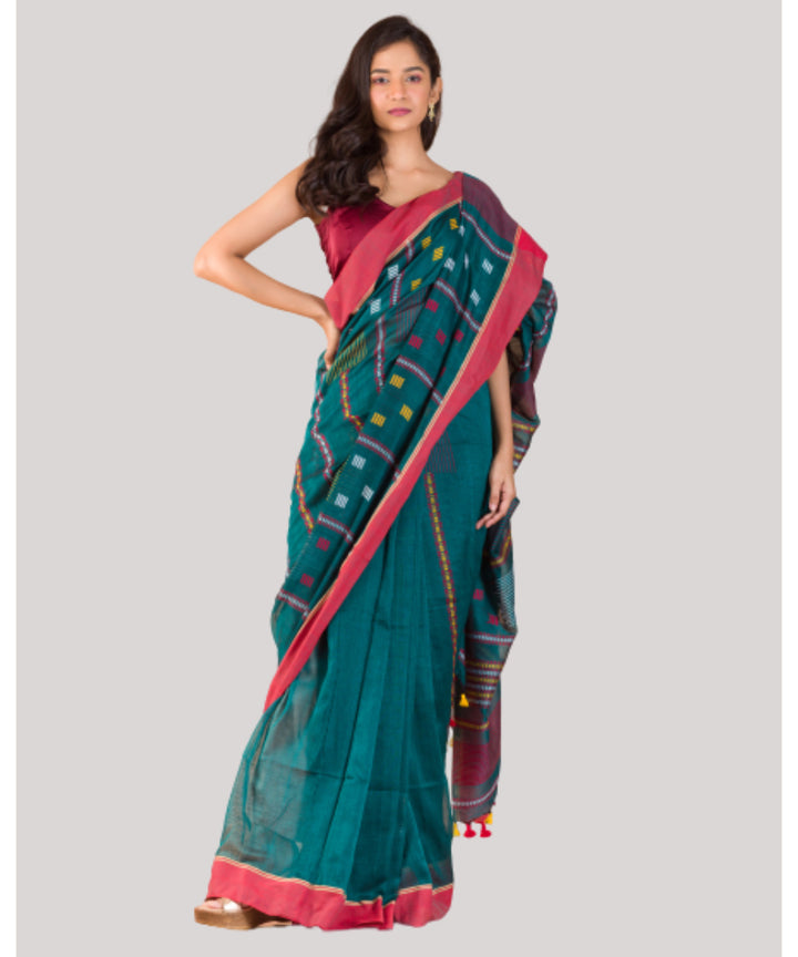 Teal green and red handwoven bengal cotton jamdani saree