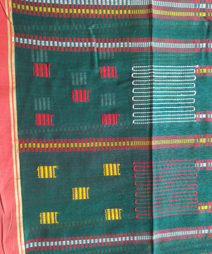 Teal green and red handwoven bengal cotton jamdani saree
