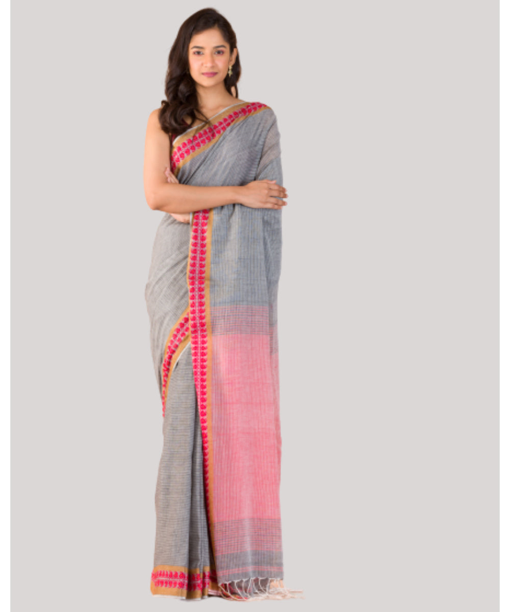 Grey and red handwoven bengal cotton saree