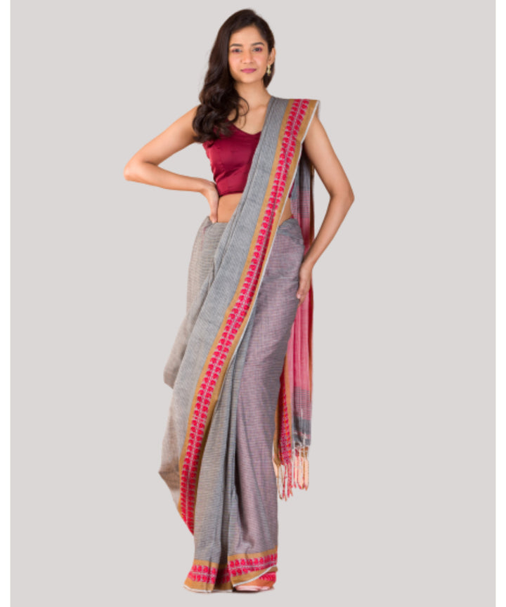 Grey and red handwoven bengal cotton saree
