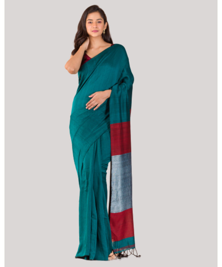 Teal green maroon handwoven bengal cotton saree