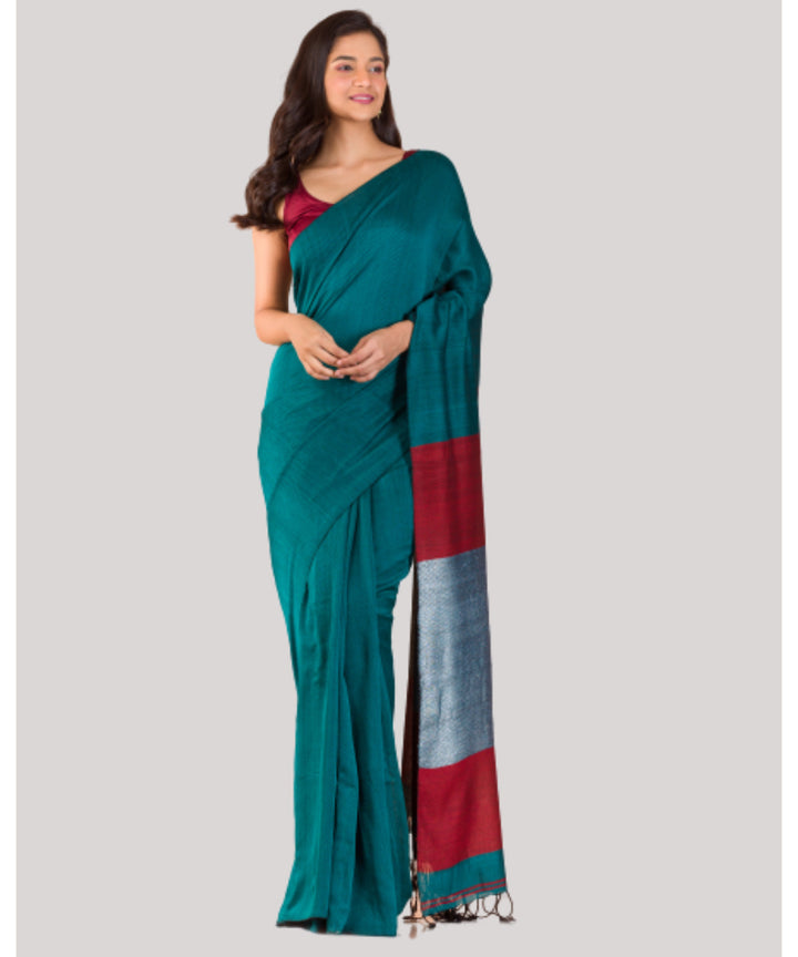 Teal green maroon handwoven bengal cotton saree