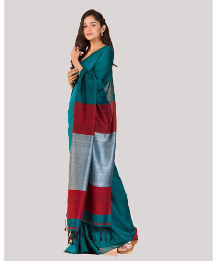 Teal green maroon handwoven bengal cotton saree