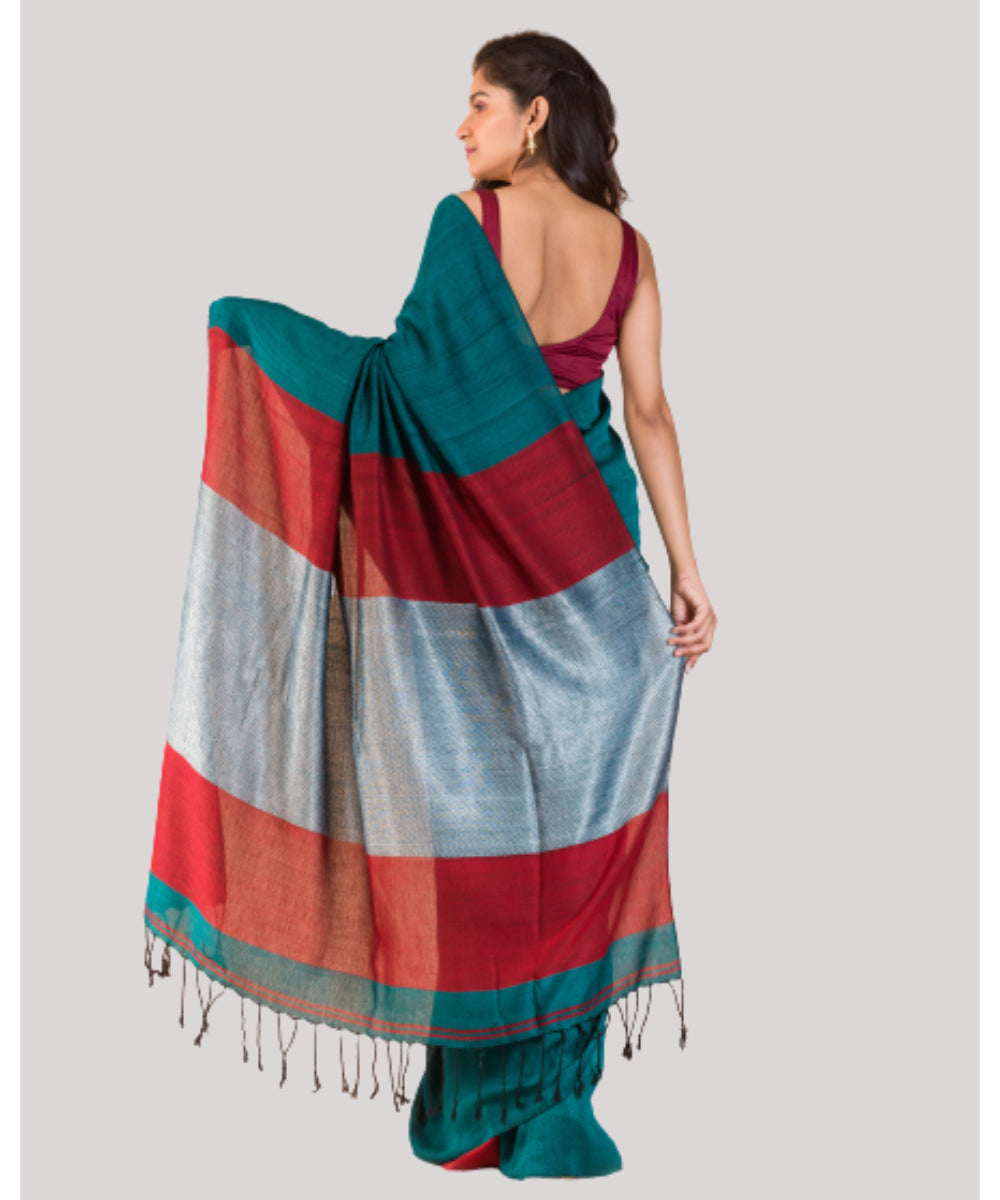 Teal green maroon handwoven bengal cotton saree