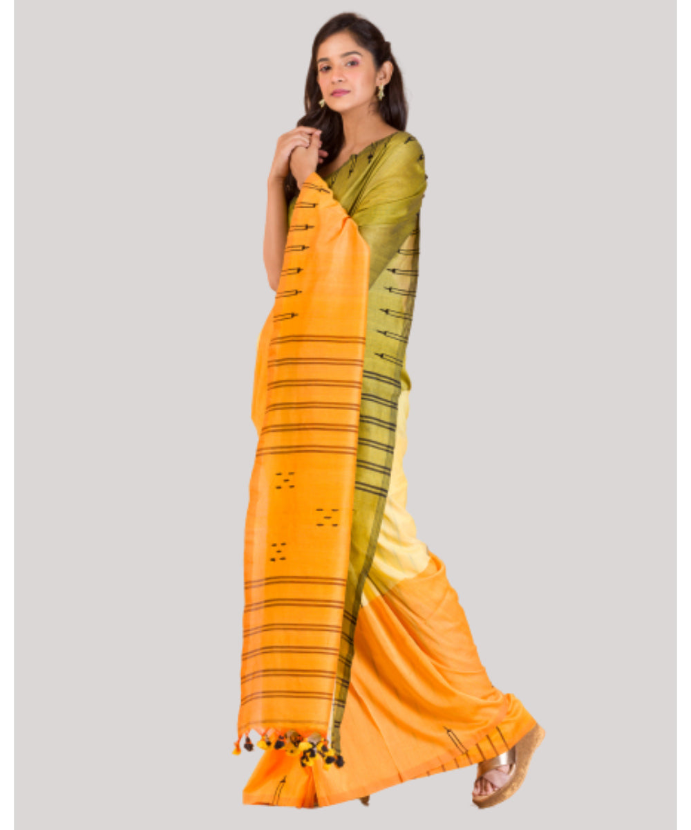 Yellow green handwoven bengal cotton saree