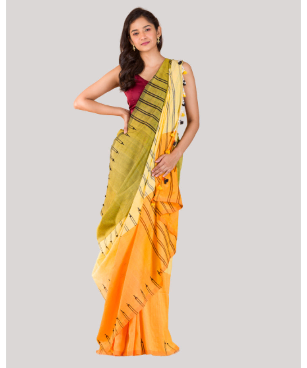 Yellow green handwoven bengal cotton saree