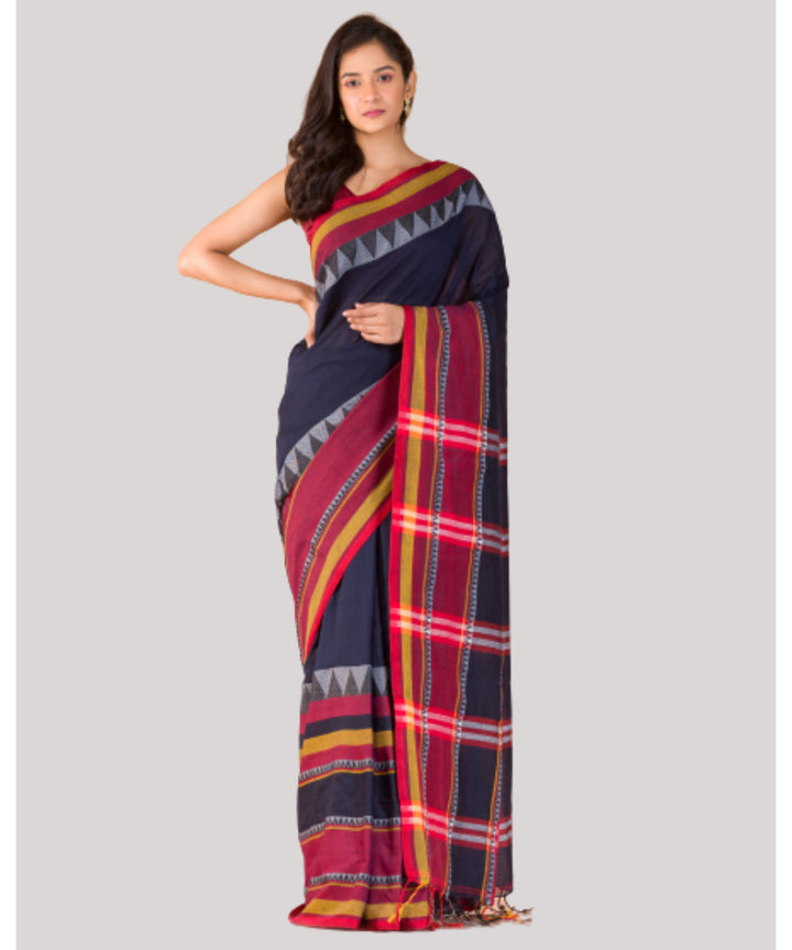 Navy blue red handwoven bengal cotton begumpuri saree