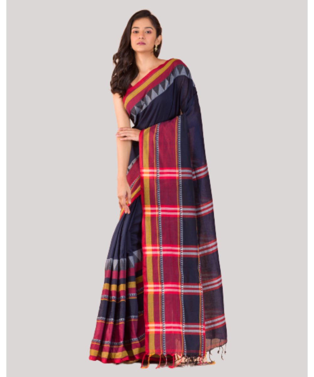 Navy blue red handwoven bengal cotton begumpuri saree