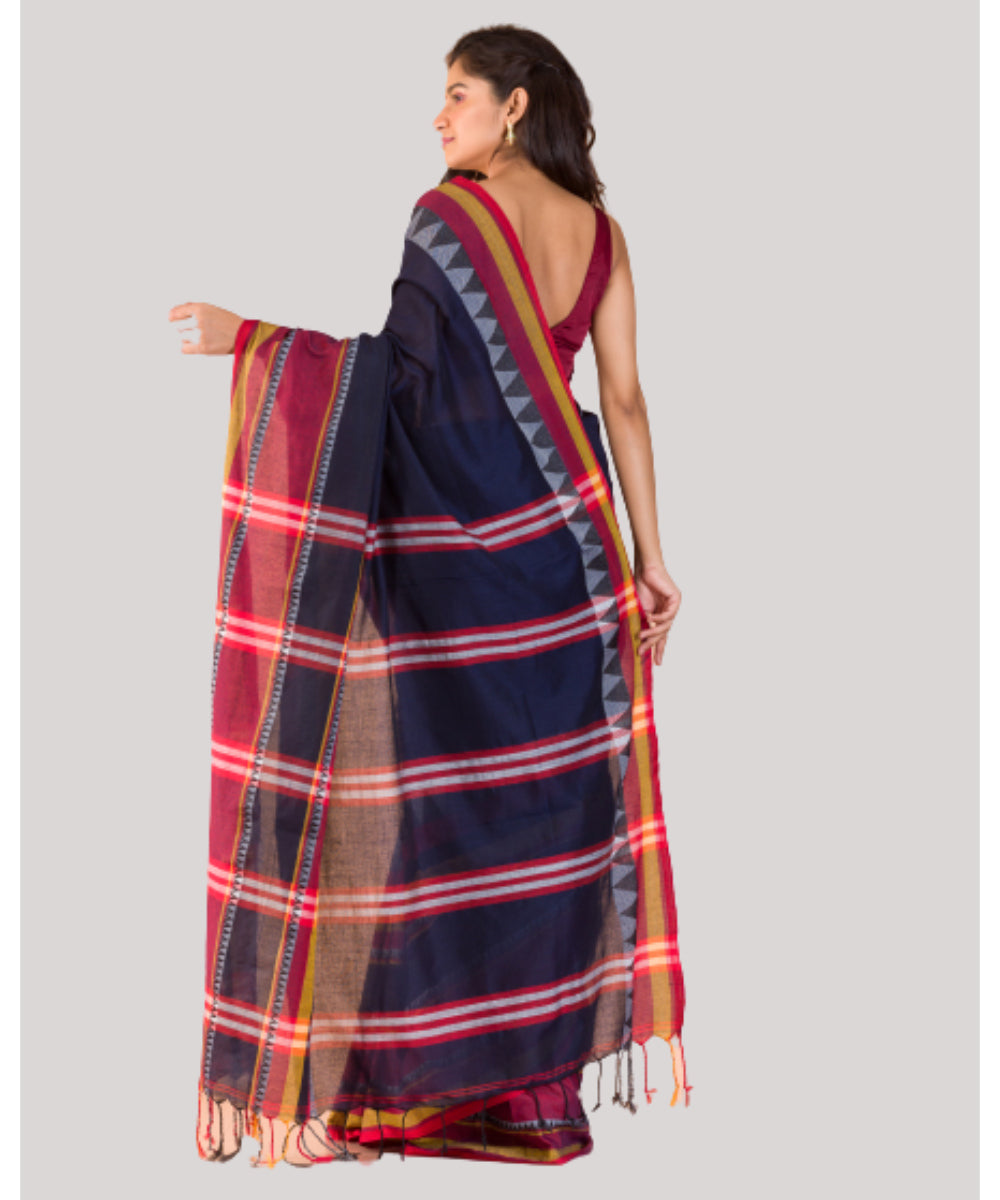 Navy blue red handwoven bengal cotton begumpuri saree