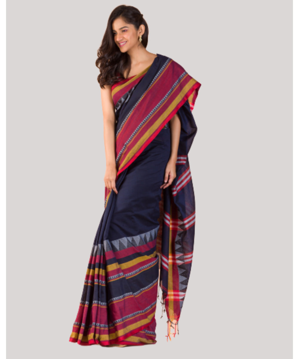 Navy blue red handwoven bengal cotton begumpuri saree