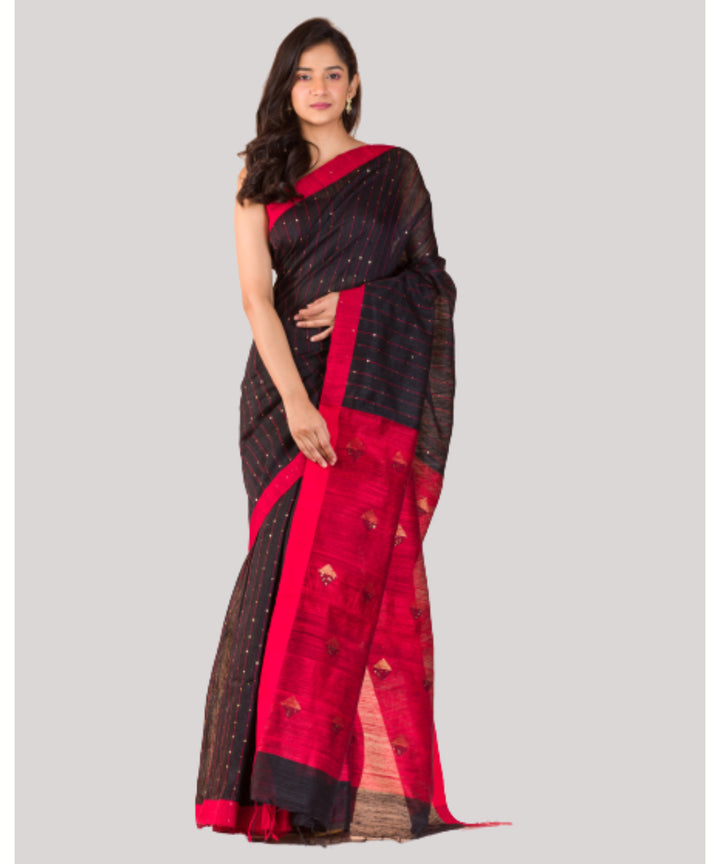 Black red handwoven bengal matka silk saree