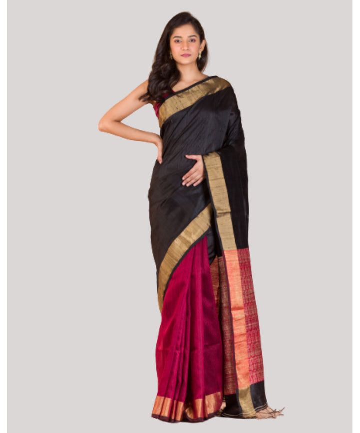 Black maroon half and half handwoven bengal matka silk saree