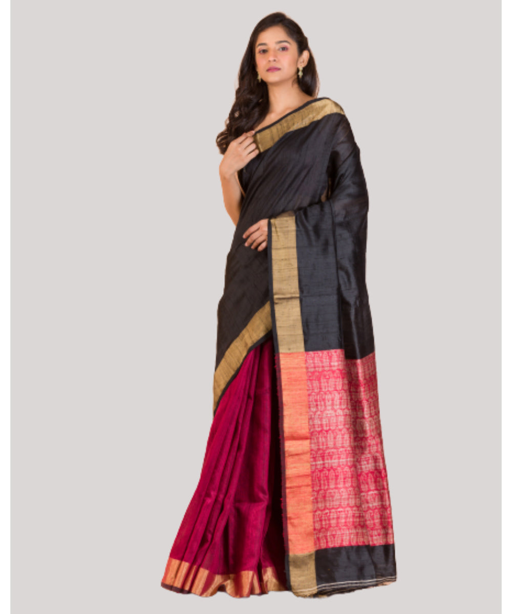 Black maroon half and half handwoven bengal matka silk saree