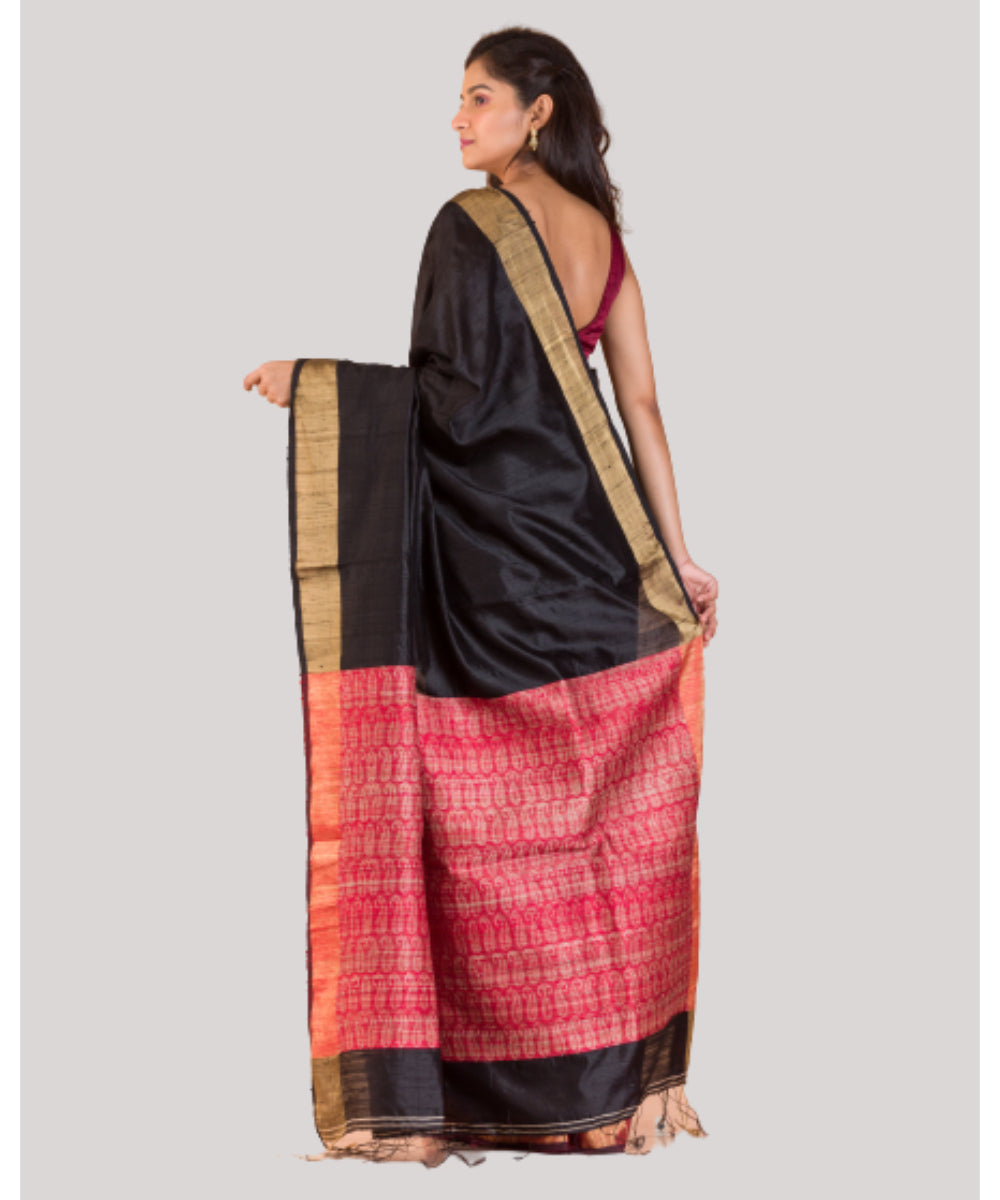 Black maroon half and half handwoven bengal matka silk saree