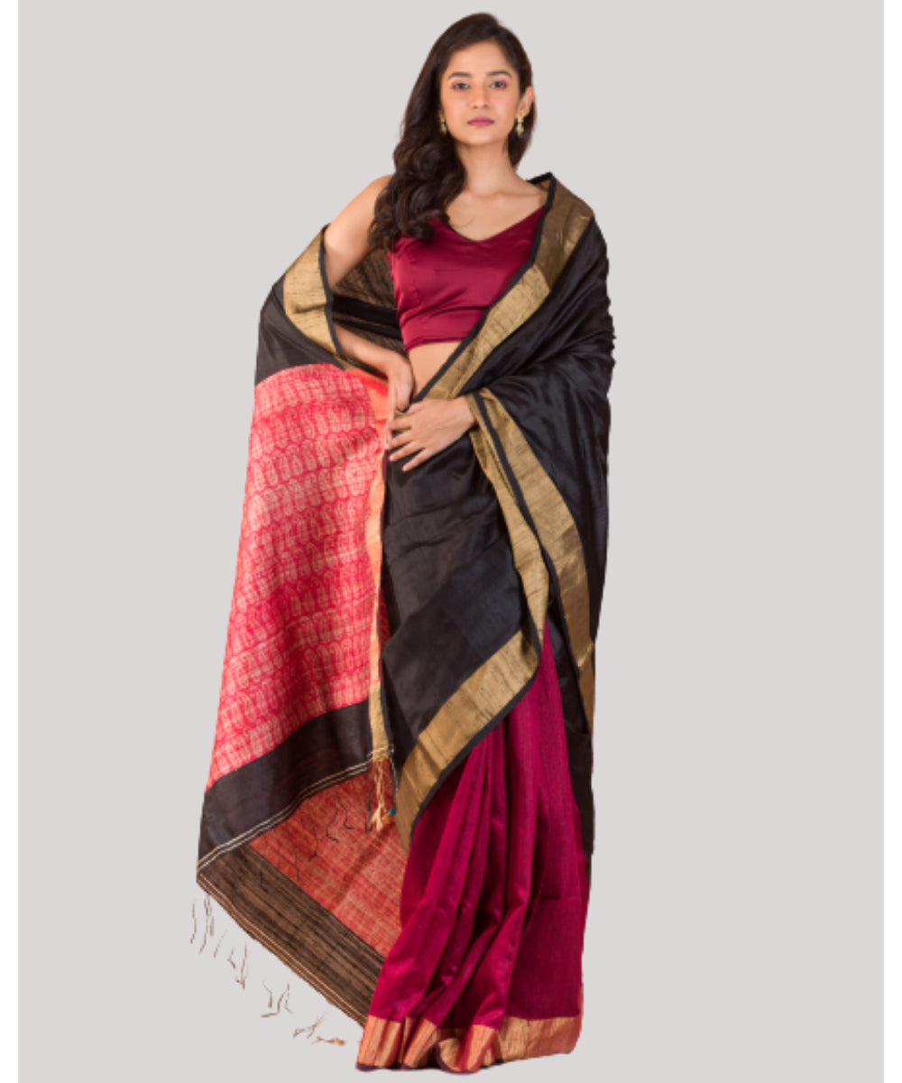 Black maroon half and half handwoven bengal matka silk saree