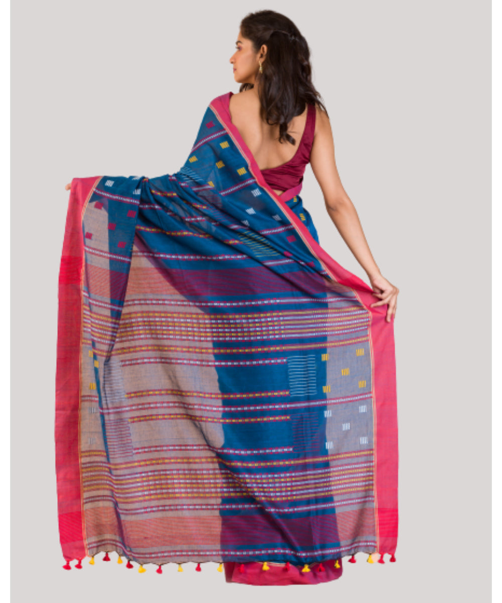 Blue red handwoven bengal cotton jamdani saree