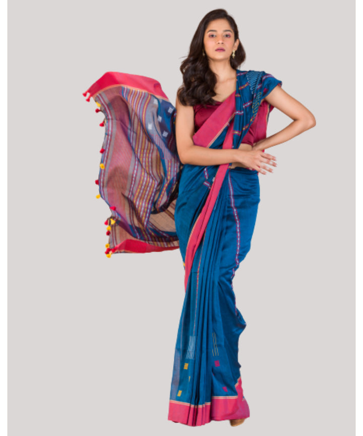 Blue red handwoven bengal cotton jamdani saree