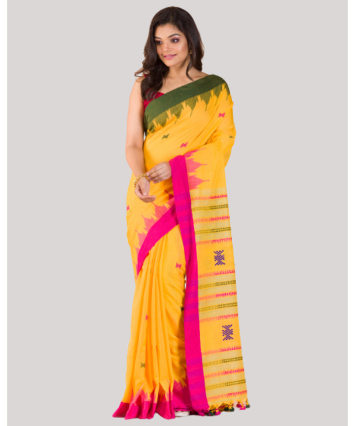 Yellow pink green handwoven bengal cotton saree