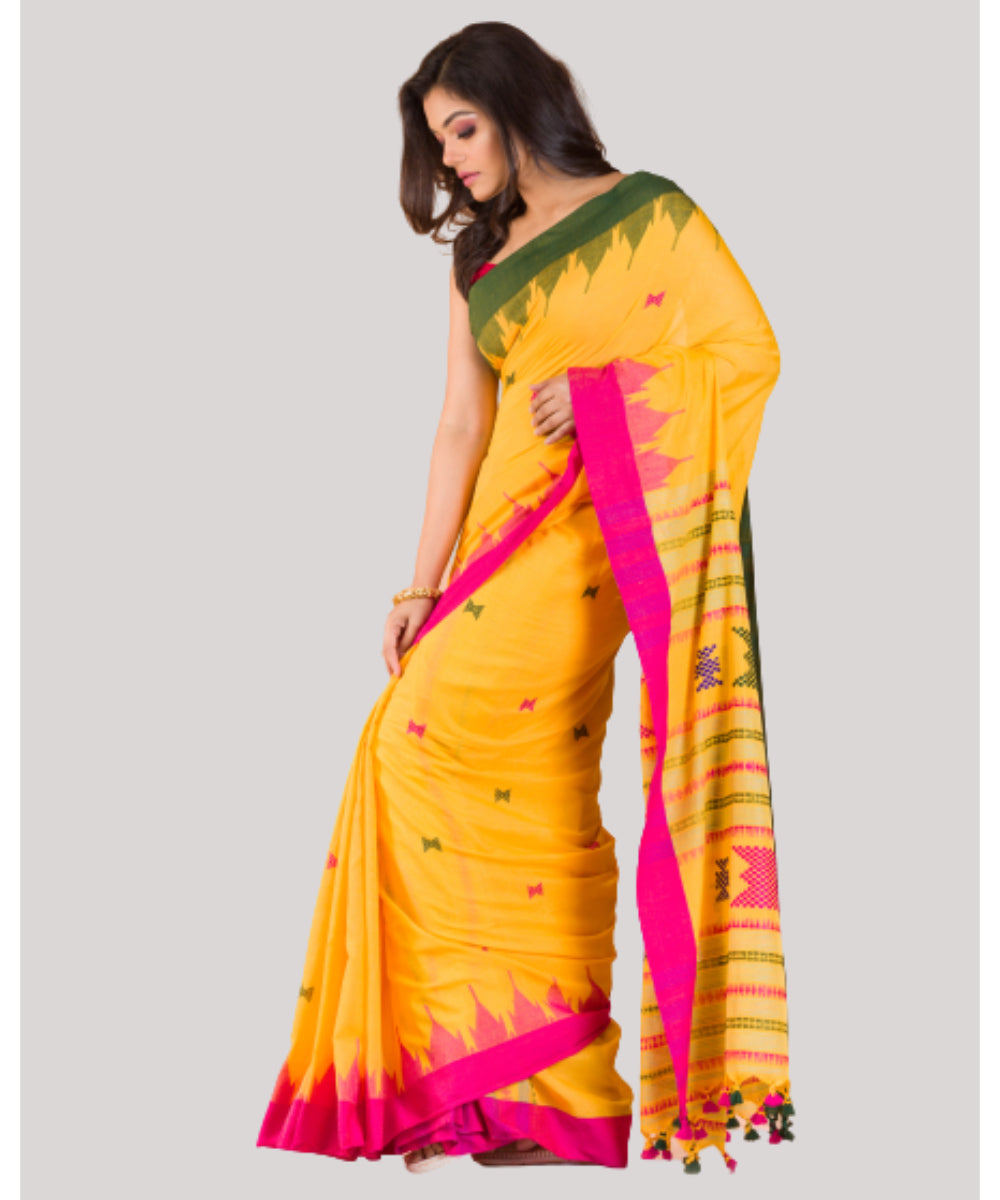 Yellow pink green handwoven bengal cotton saree