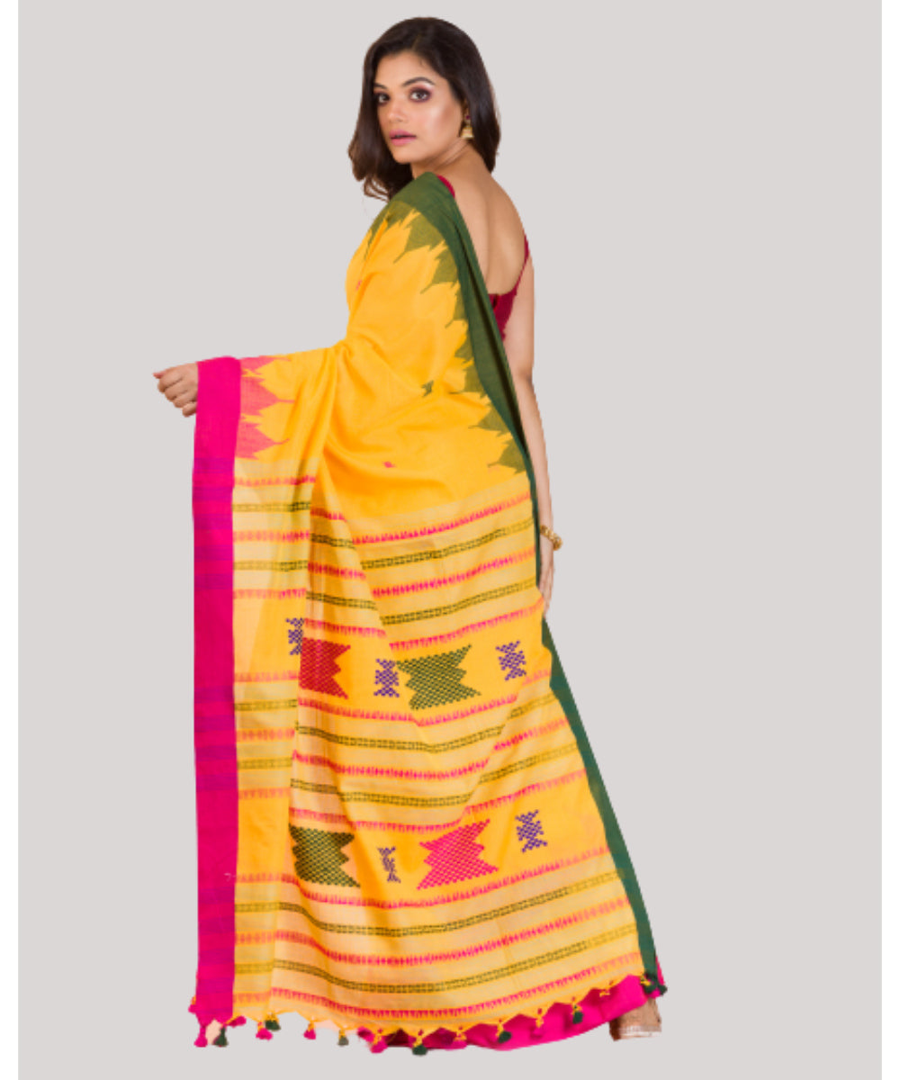 Yellow pink green handwoven bengal cotton saree
