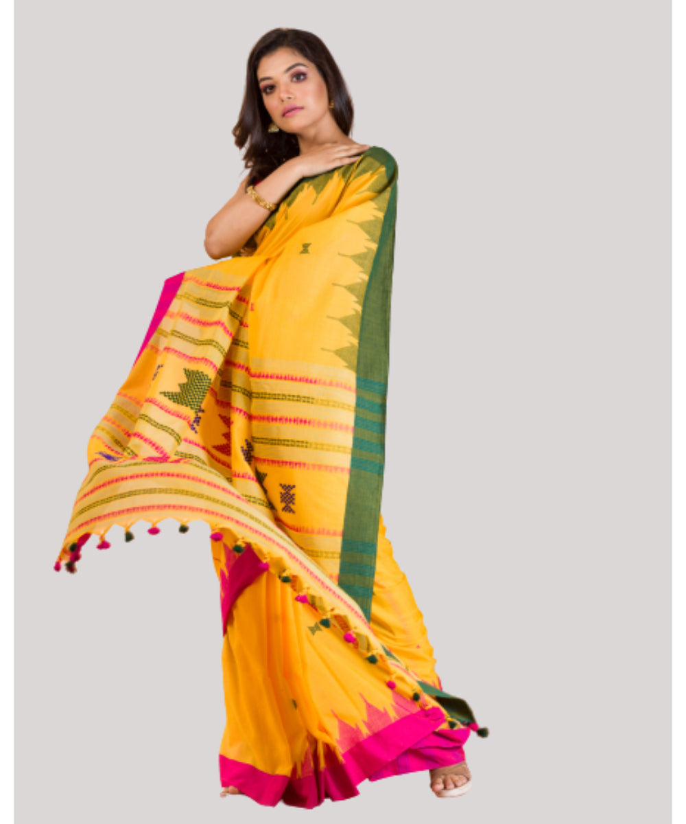 Yellow pink green handwoven bengal cotton saree