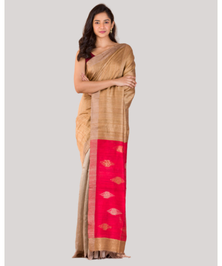 Beige and red handloom bengal matka silk saree
