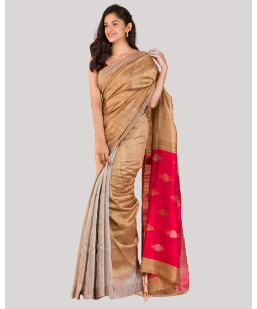 Beige and red handloom bengal matka silk saree