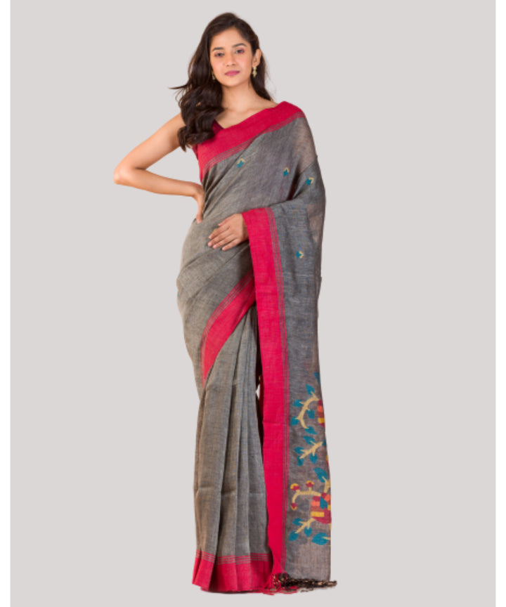 Grey and red handwoven bengal linen jamdani saree