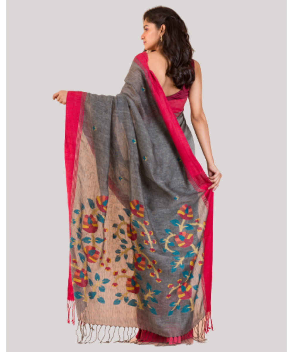 Grey and red handwoven bengal linen jamdani saree