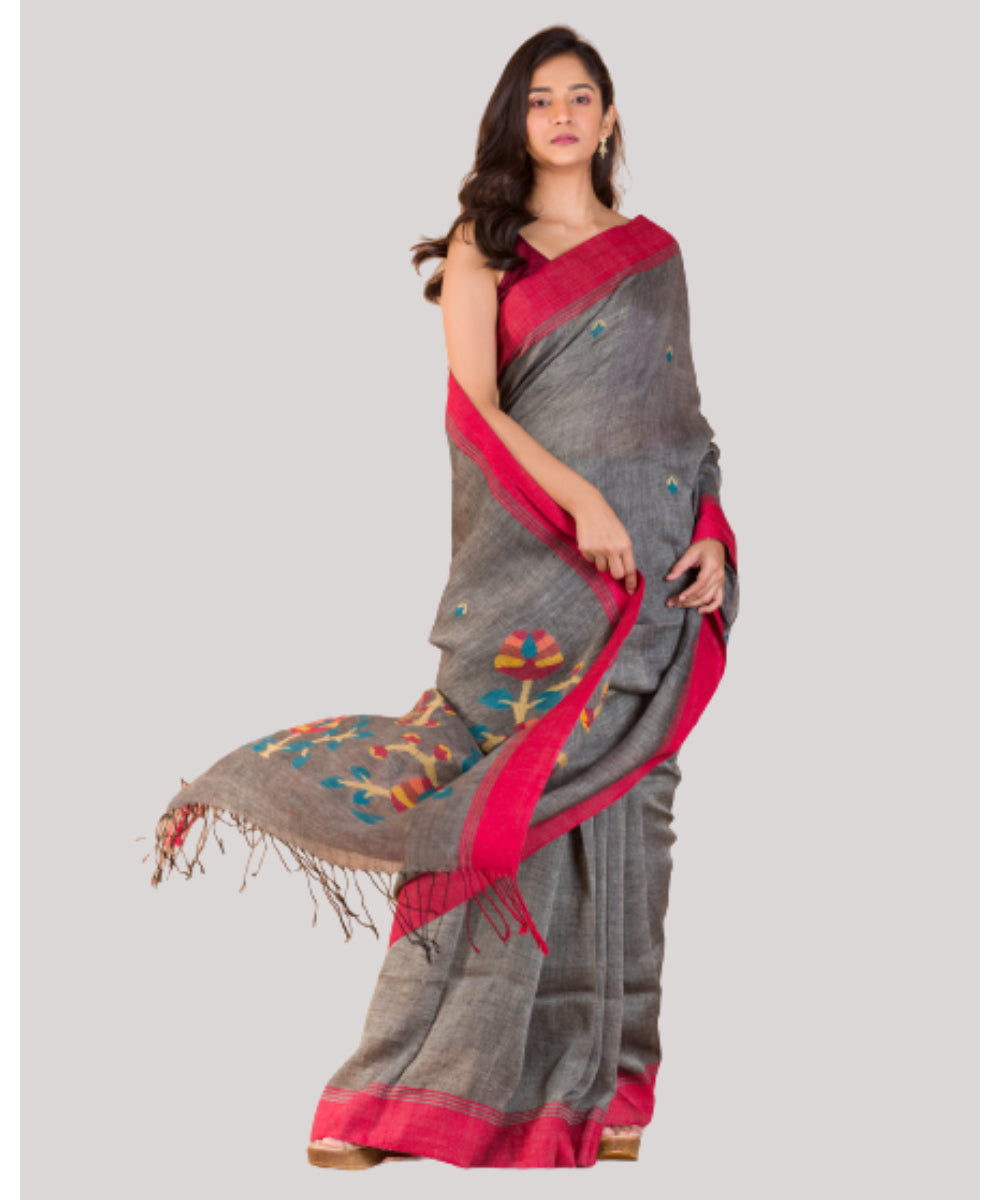 Grey and red handwoven bengal linen jamdani saree