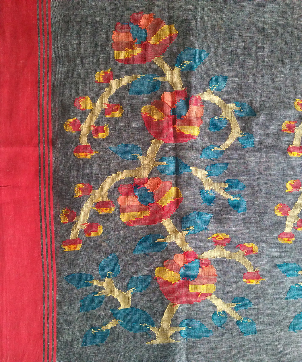 Grey and red handwoven bengal linen jamdani saree