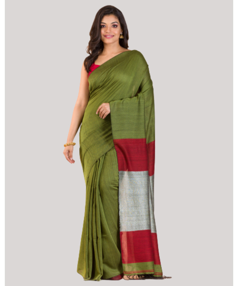 Olive green red handwoven bengal cotton saree