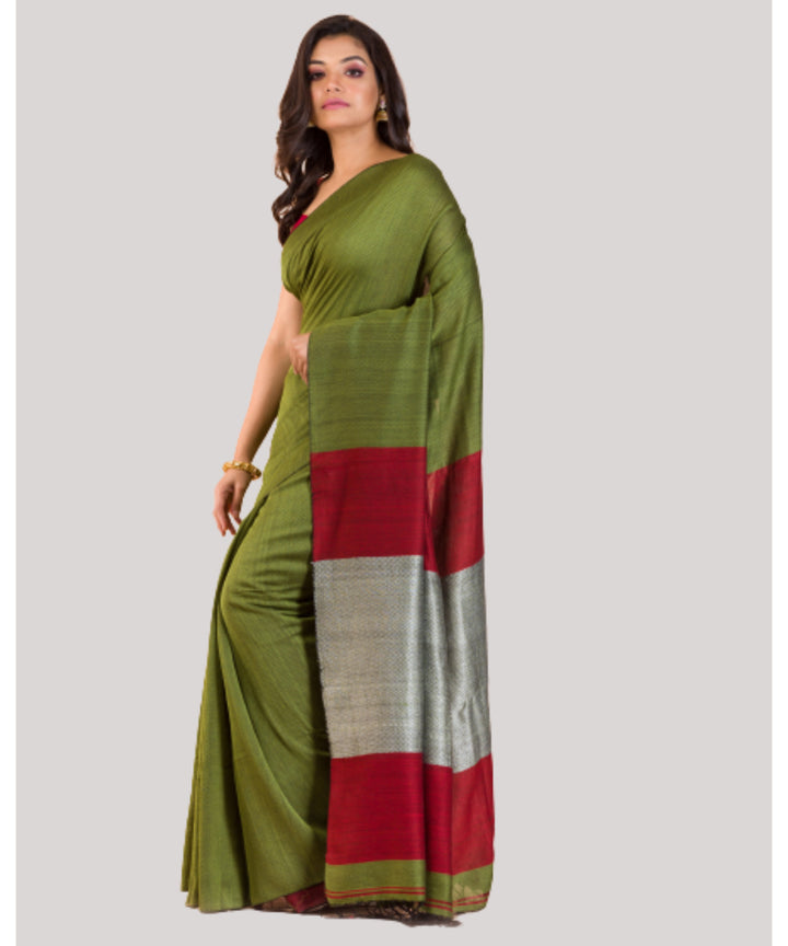 Olive green red handwoven bengal cotton saree