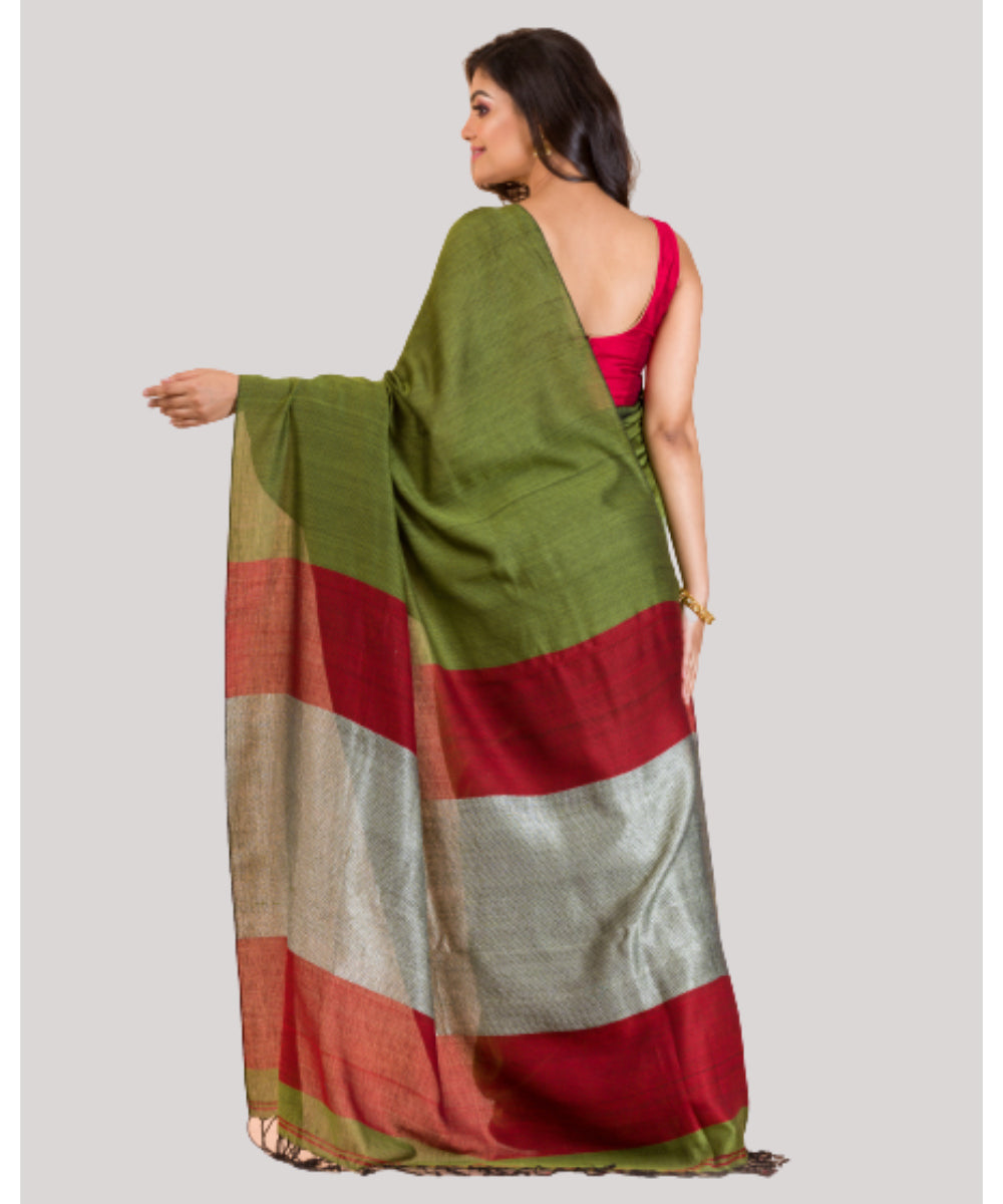 Olive green red handwoven bengal cotton saree
