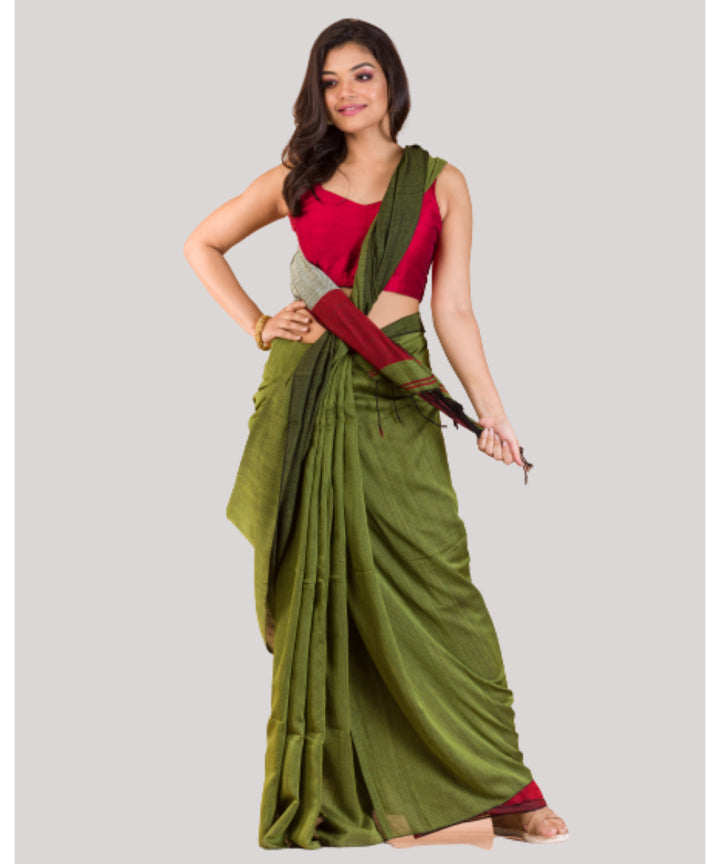 Olive green red handwoven bengal cotton saree