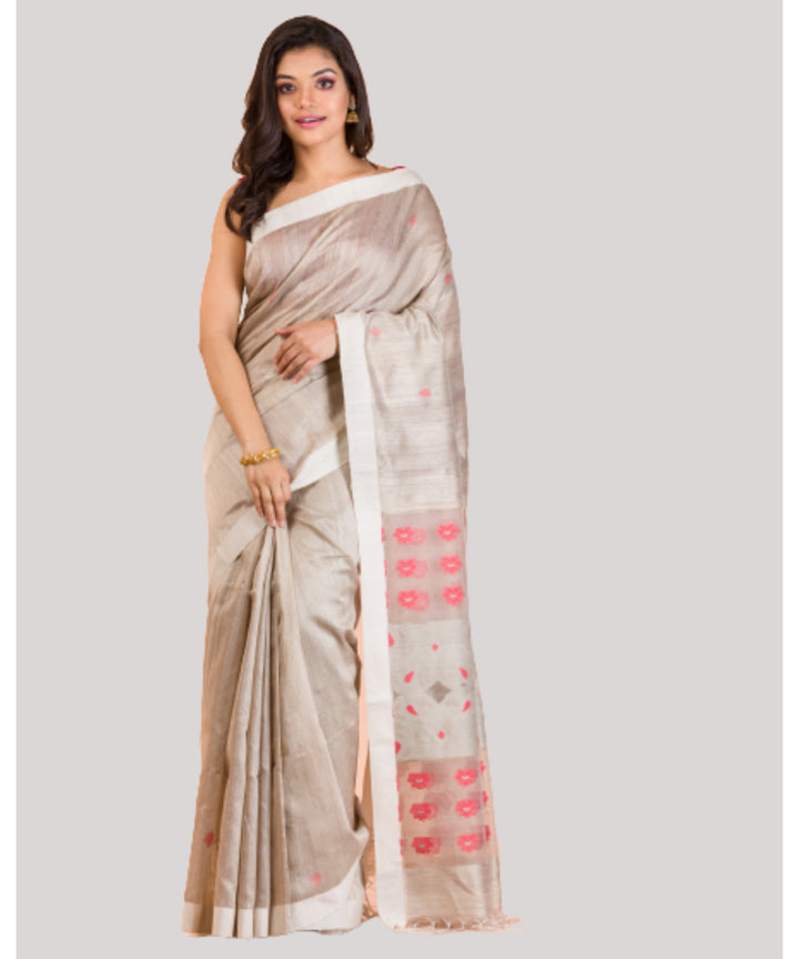 Beige red handwoven bengal matka silk saree