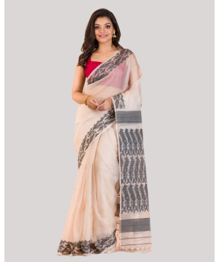 Beige black handwoven bengal silk jamdani saree