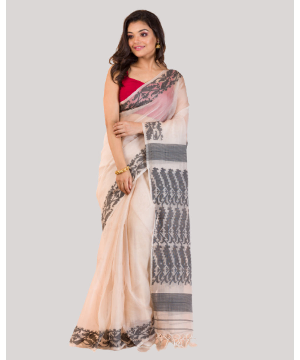Beige black handwoven bengal silk jamdani saree