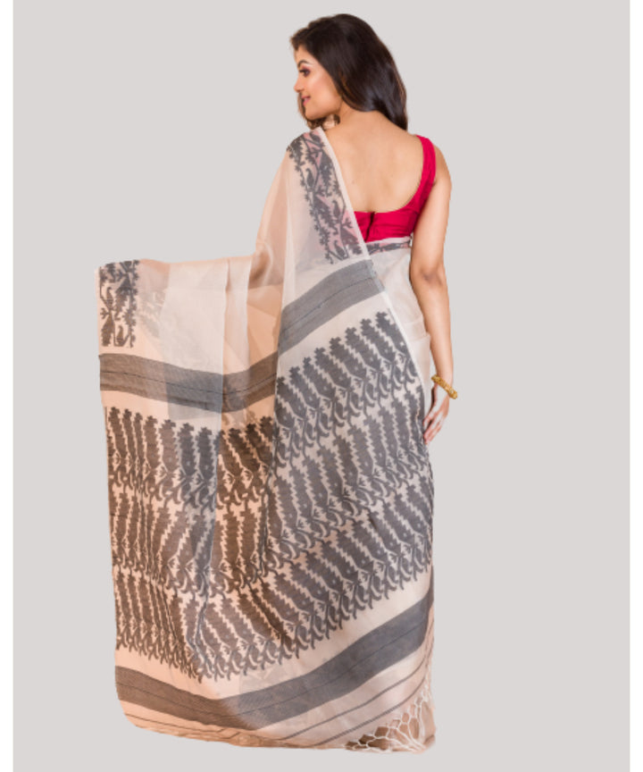 Beige black handwoven bengal silk jamdani saree
