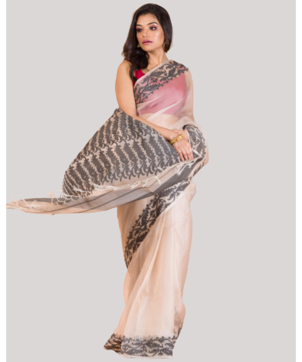 Beige black handwoven bengal silk jamdani saree