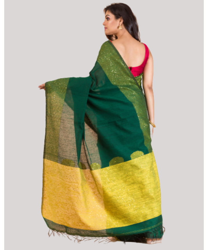 Dark green and yellow handwoven bengal matka silk saree