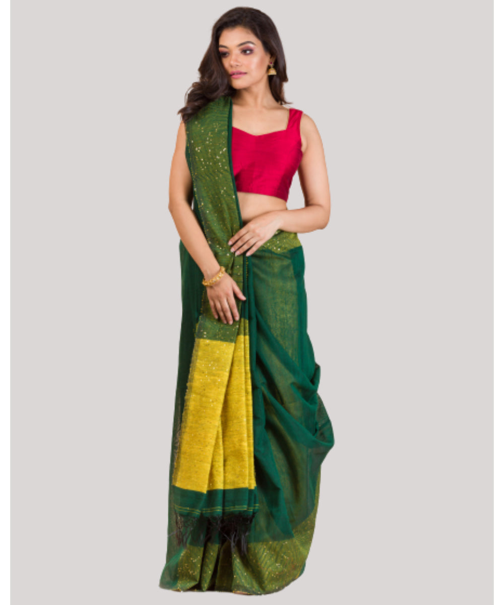Dark green and yellow handwoven bengal matka silk saree