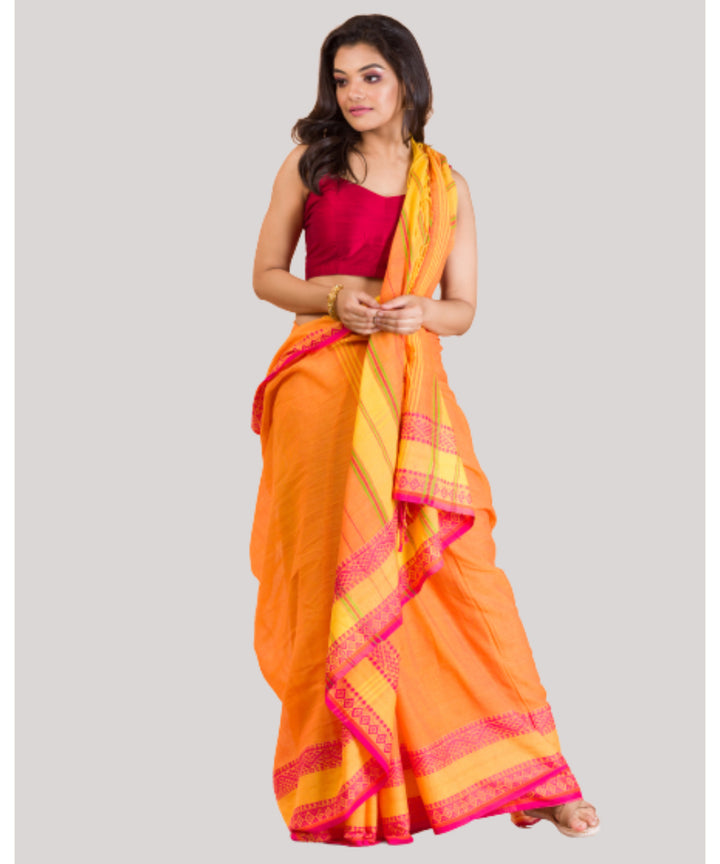 Orange yellow red handwoven bengal cotton begumpuri saree