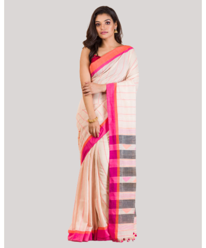 Cream grey pink handwoven bengal cotton saree