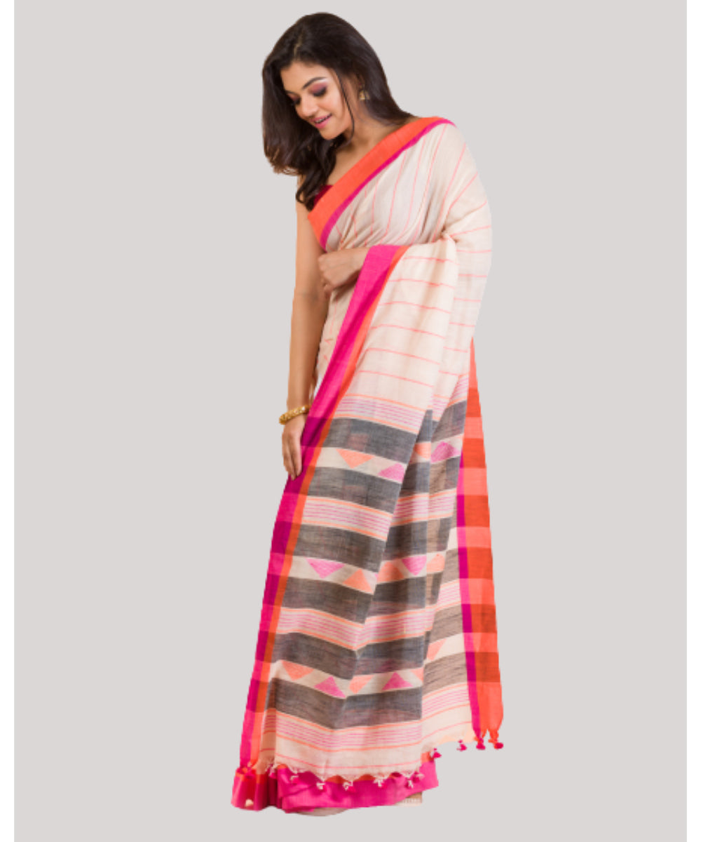 Cream grey pink handwoven bengal cotton saree