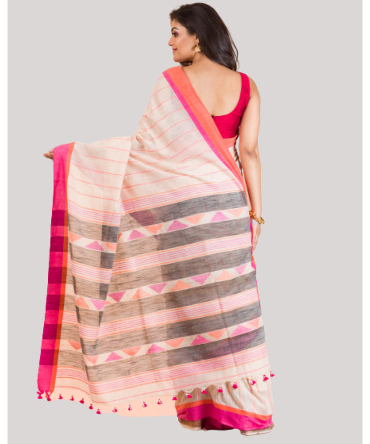 Cream grey pink handwoven bengal cotton saree