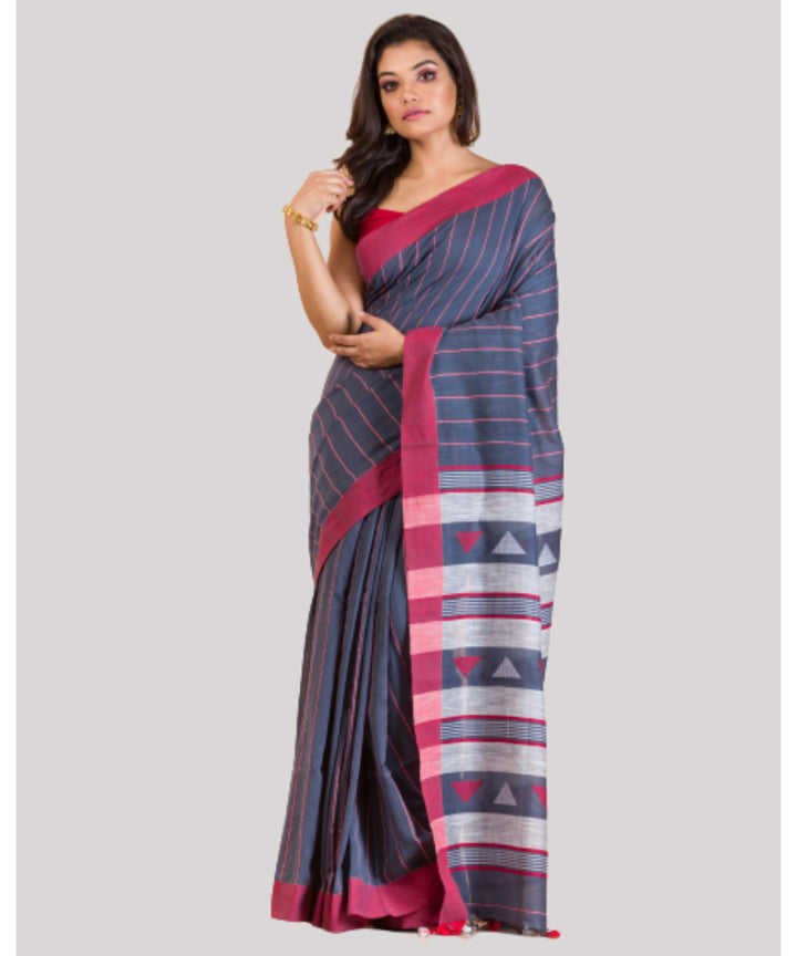 Grey red handloom cotton bengal saree